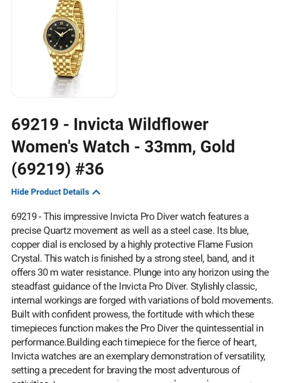 Invicta Gold Tone Watch with Black Dial and Crystal Bezel 33mm